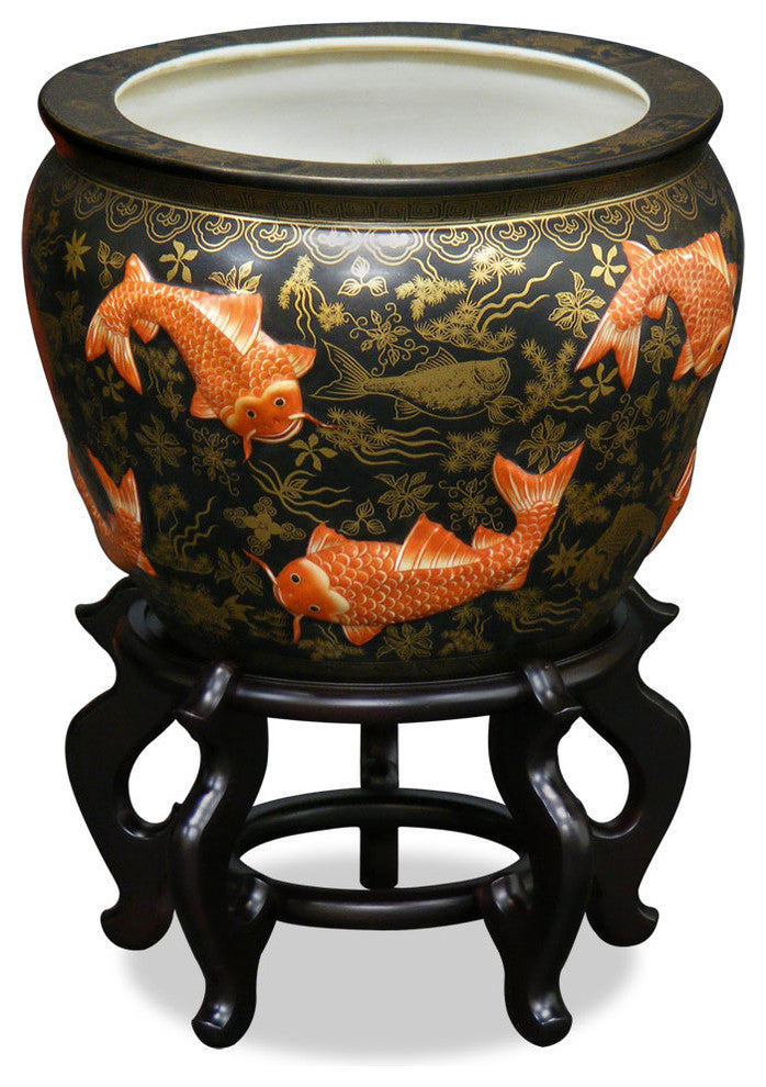 12 Inch Porcelain Koi Fish Motif Chinese Fishbowl Planter, With Stand