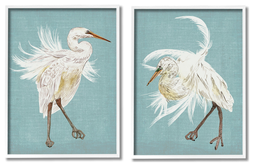 Dancing Heron Birds White Feathers over Blue,2pc, each 11 x 14