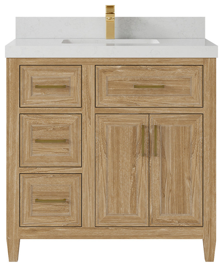 Santa Monica 36 Center Sink Bath Vanity in Whitewashed Teak 2" Carrara Quartz