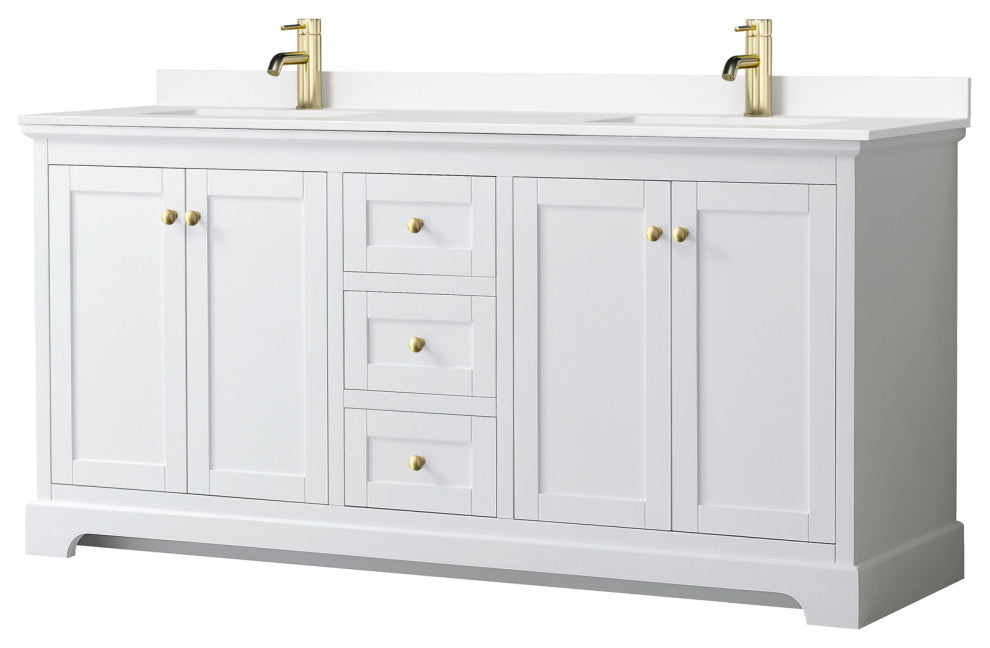 72"DBL Bath Vanity, White, White Cult. Marble Countertop, Sinks, Gold Trim