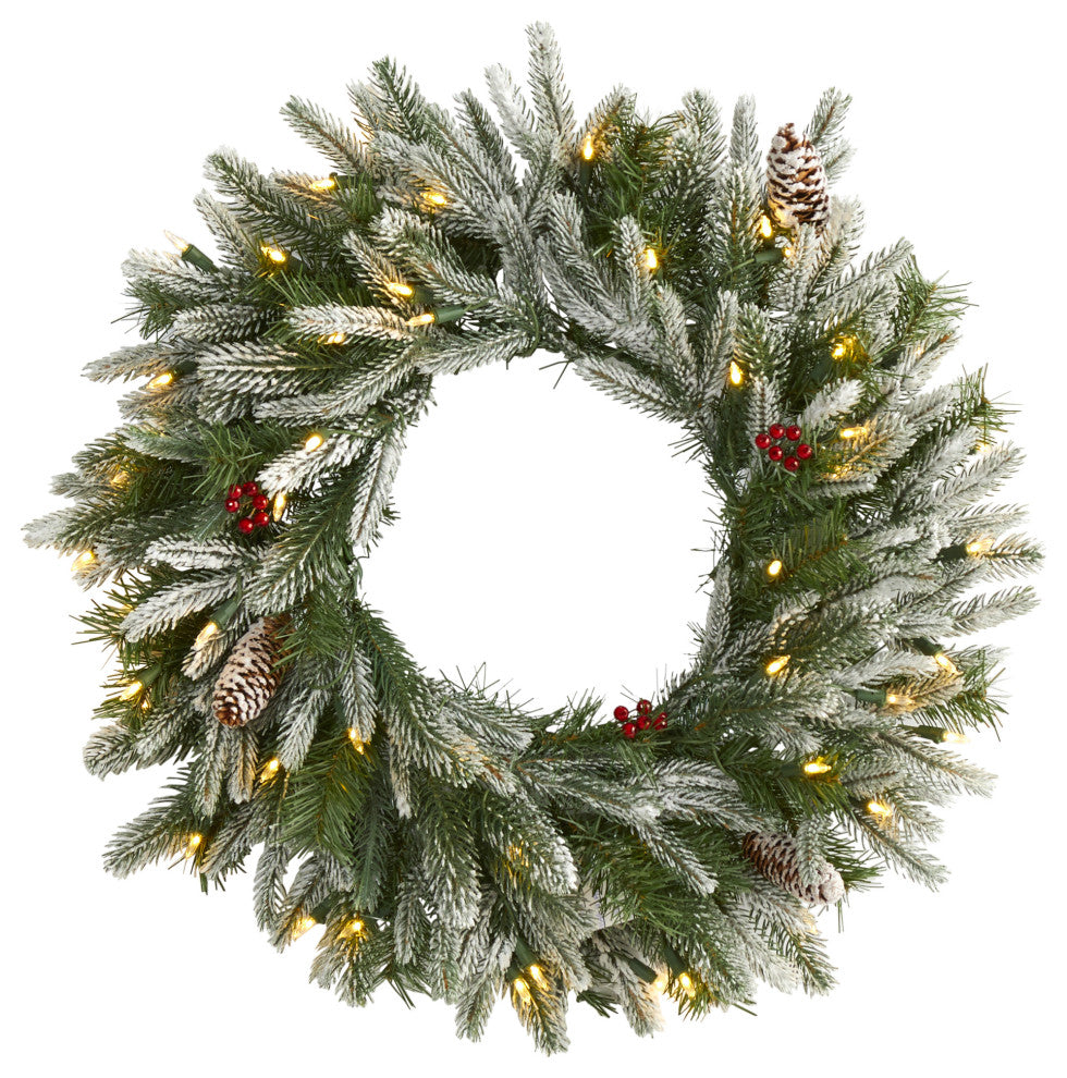 24ï¿½ Snowed Christmas Wreath with 50 Warm White LED Lights and Pine Cones