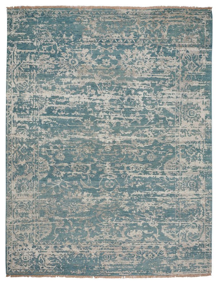 Jain Hand Knotted Area Rug, Medium Blue, 10'x14'