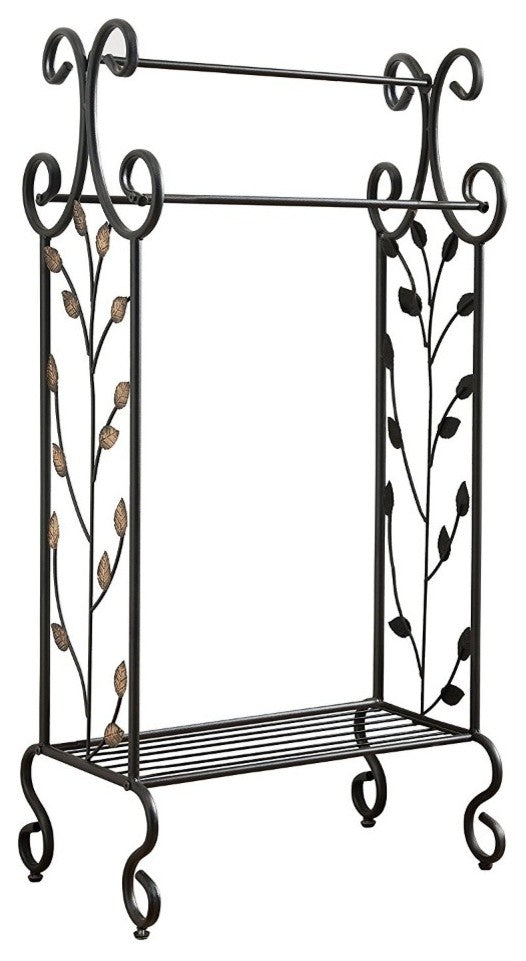 Benzara Gold Leaves Metal Towel Rack Stand With Shelf, Black