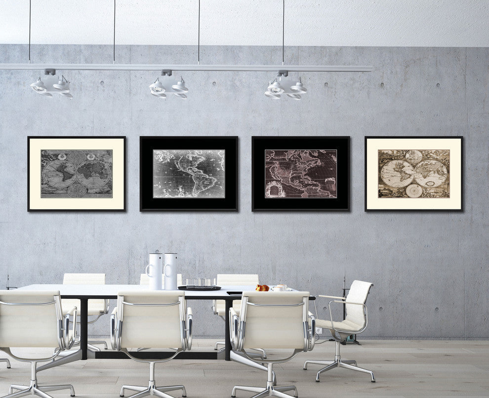 World Vintage Map Print On Canvas With Black Custom Frame, 28" X 37"