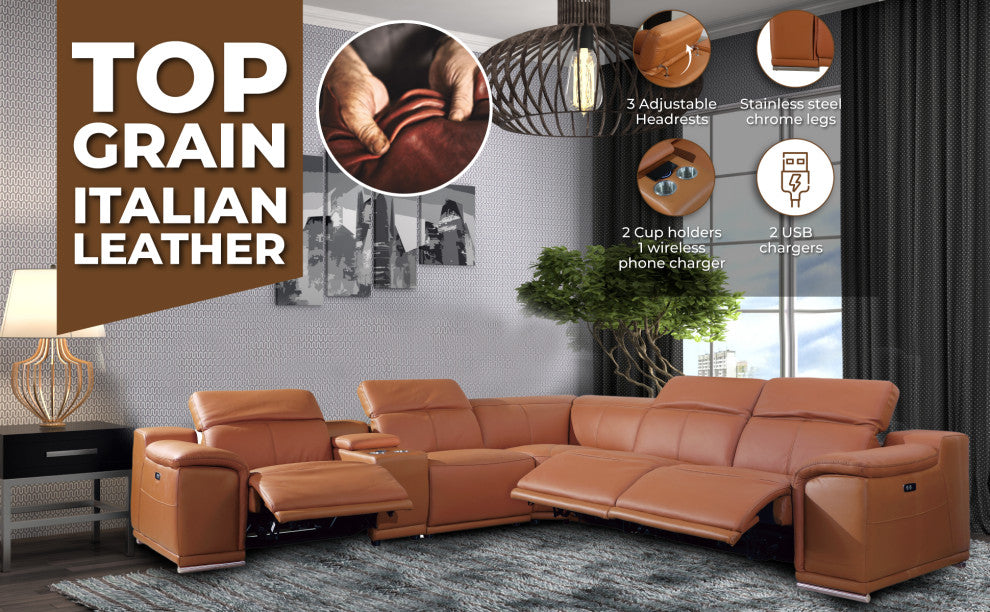 Federico 6-Piece L-Shaped Top Grain Italian Leather Sectional, Light Gray