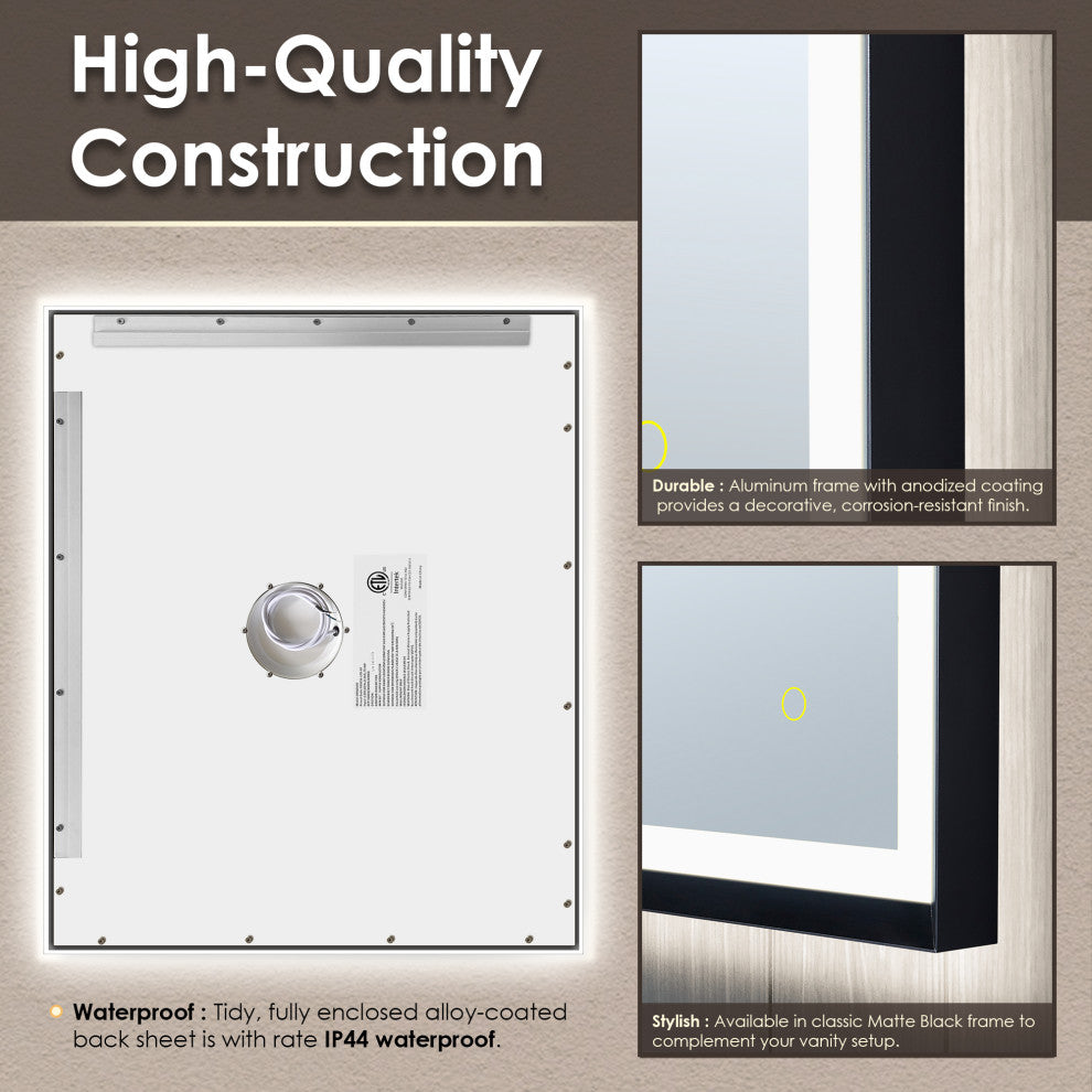Apollo Anti-Fog Dimmable Vanity, LED Lighted Wall Mirror, Matte Black, 36"