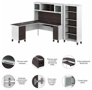 Somerset 72W L Desk with Hutch and Bookcase in White/Gray - Engineered Wood