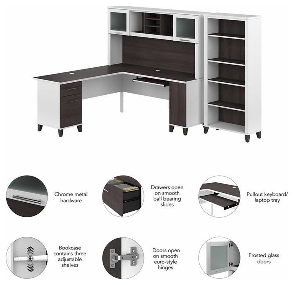 Somerset 72W L Desk with Hutch and Bookcase in White/Gray - Engineered Wood