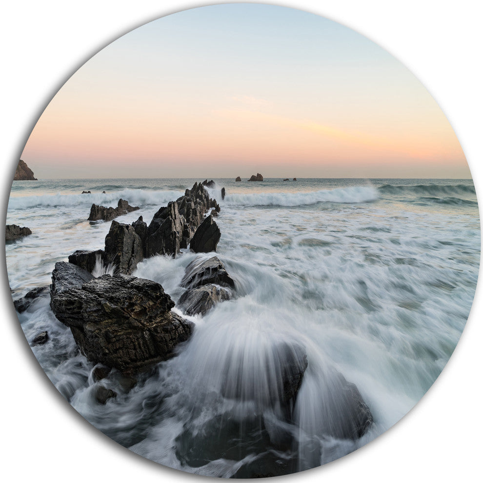 Bay Of Biscay White Waves Hitting Beach, Seascape Disc Artwork, 23"