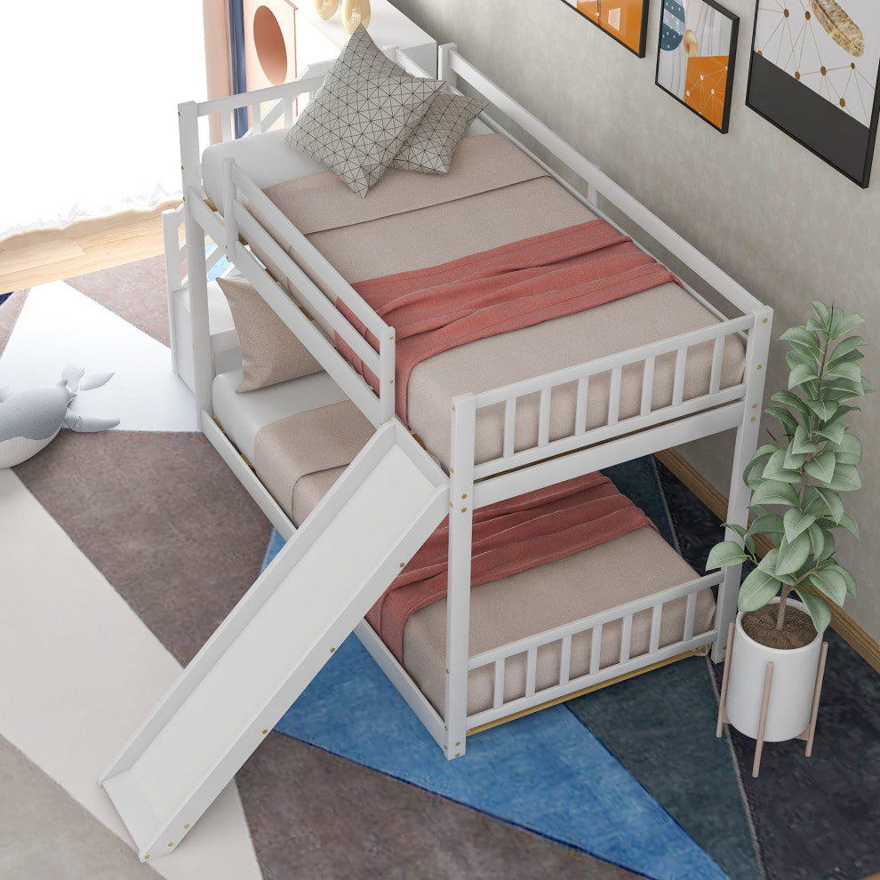 Twin over Twin Bunk Bed With Convertible Slide and Stairway, White