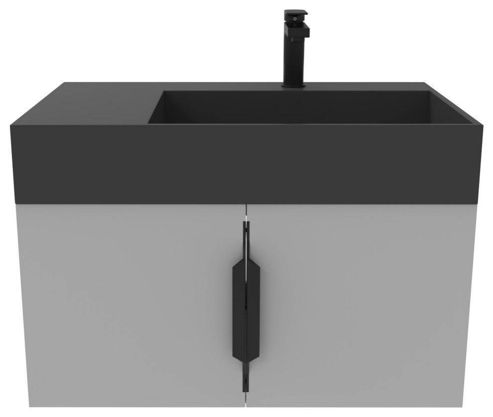 CastelloUSA Amazon 30" Right Wall Mounted Bathroom Vanity Set, Gray, Black Top, Black Handles