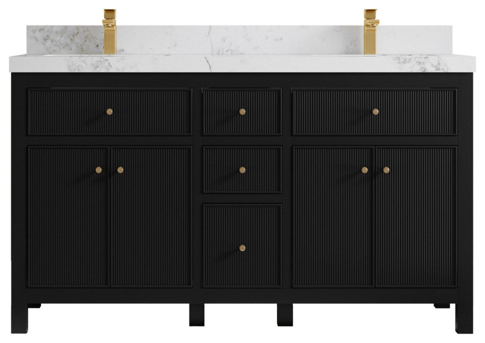Sonoma 60 Double Sink Reeded Bathroom Vanity in Black 2" Calacatta Nuvo