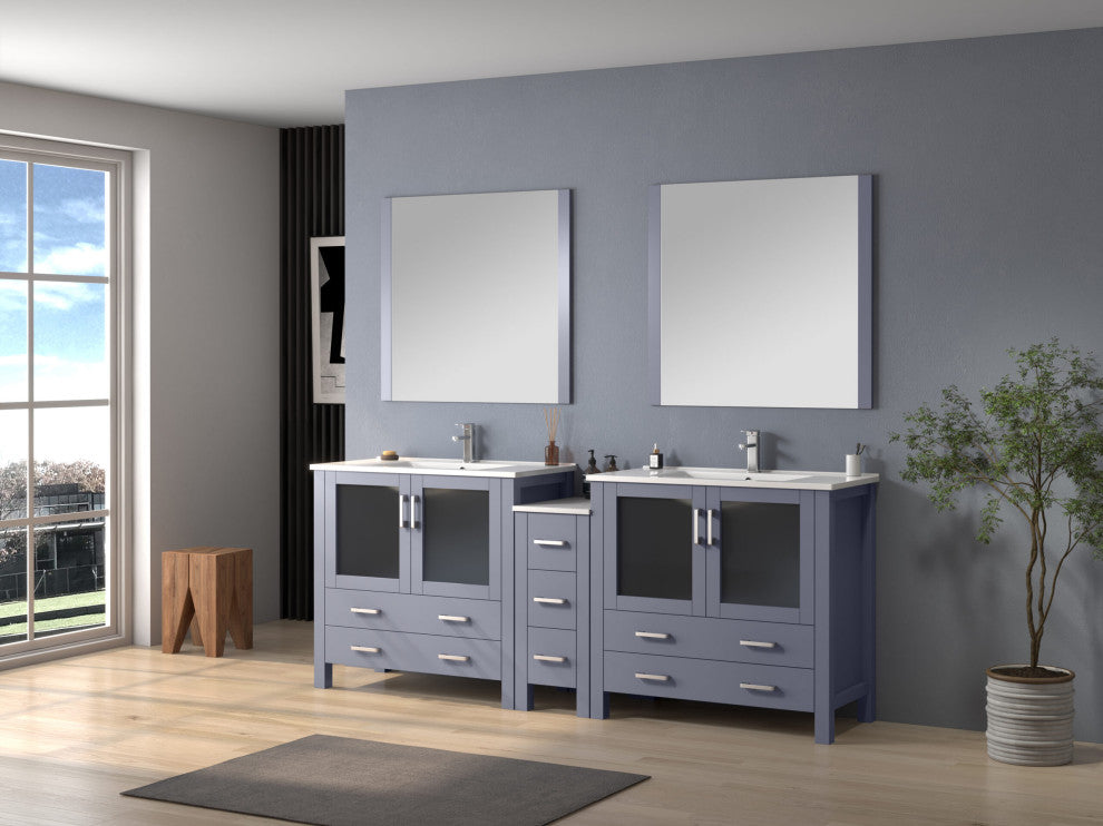 Lexora Volez 84" Vanity Cabinet, Dark Gray, Top, Mirror, 4 Doors 7 Drawers
