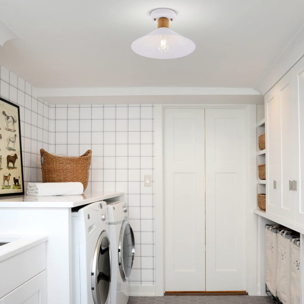 Industrial White Semi Flush Mount Light, Farmhouse, Wood Ceiling Light Fixture