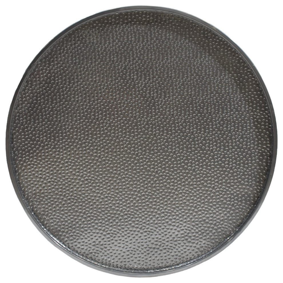 Unique Round Coffee Table, Hammered Metal Body With Cylindrical Shape, Silver