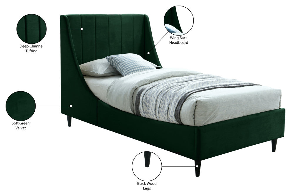 Eva Velvet Upholstered Bed, Green, Twin