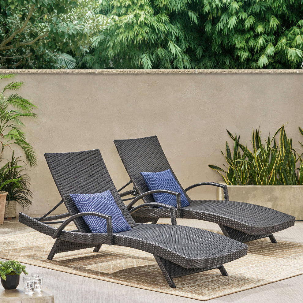 GDF Studio Soleil Outdoor Gray Wicker Arm Chaise Lounges, Set of 2