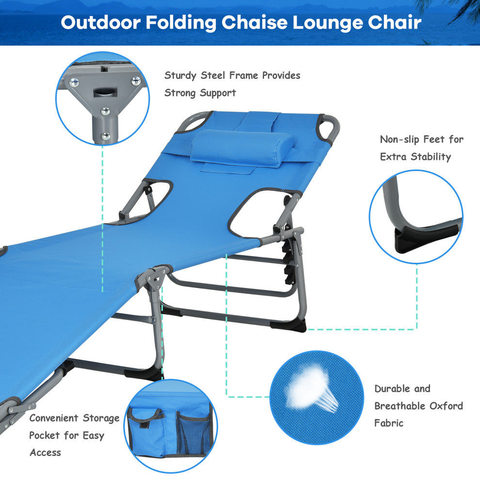 Goplus Outdoor Beach Lounge Chair Folding Chaise Lounge with Pillow Blue