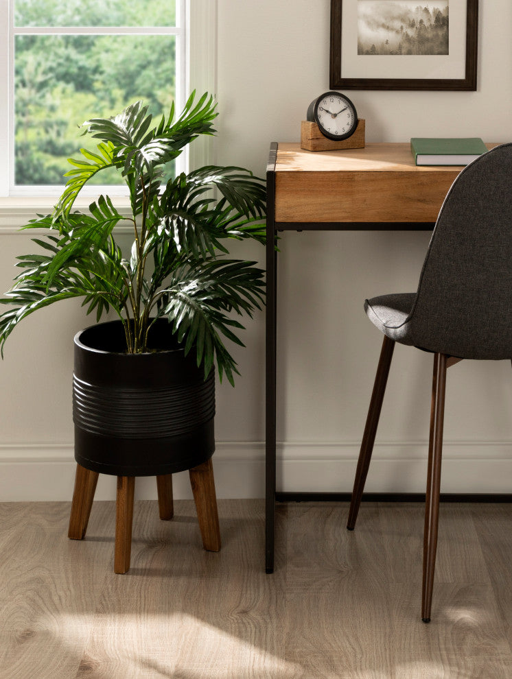 Gavri Metal Planter with Wood Stand, Black 11.25" Diameter
