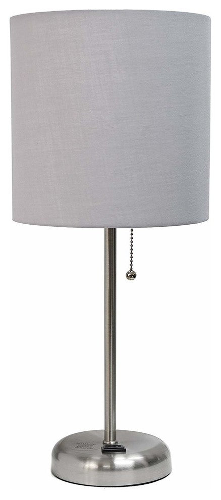 Gray Brushed Steel Lamp With Charging Outlet and Shade, Gray, Pack of 2