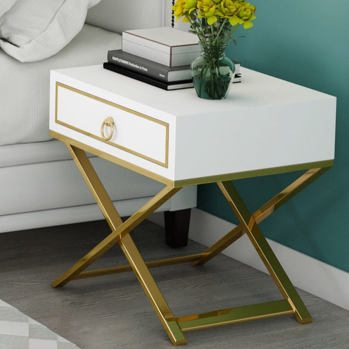 White Nightstand with Drawer Bedside Table with X-Shaped Stainless Steel Base, White