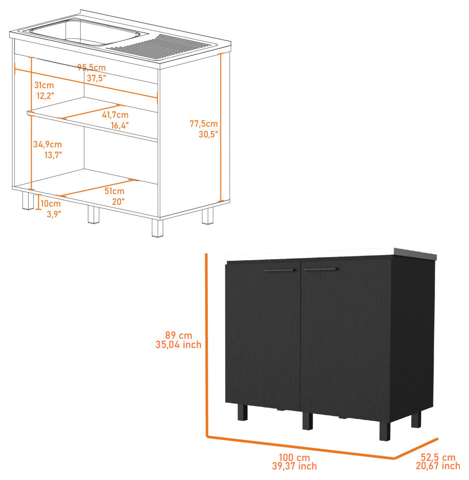 Alexandria 2 Piece Kitchen Set, Wall Cabinet + Utility Sink, Black