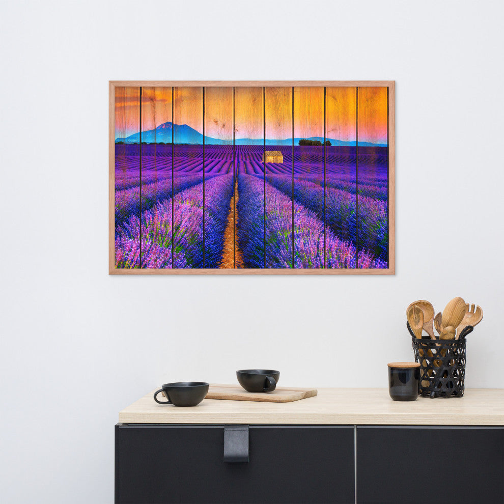 Faux Wood Lavender Fields and Sunset Landscape Framed Photo Paper Wall Art Print, Red Oak, 24" X 36"