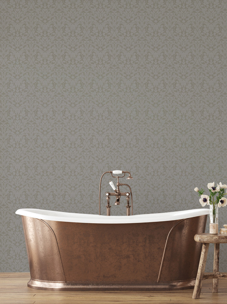 Rosali Grey Scroll Damask Wallpaper, Bolt