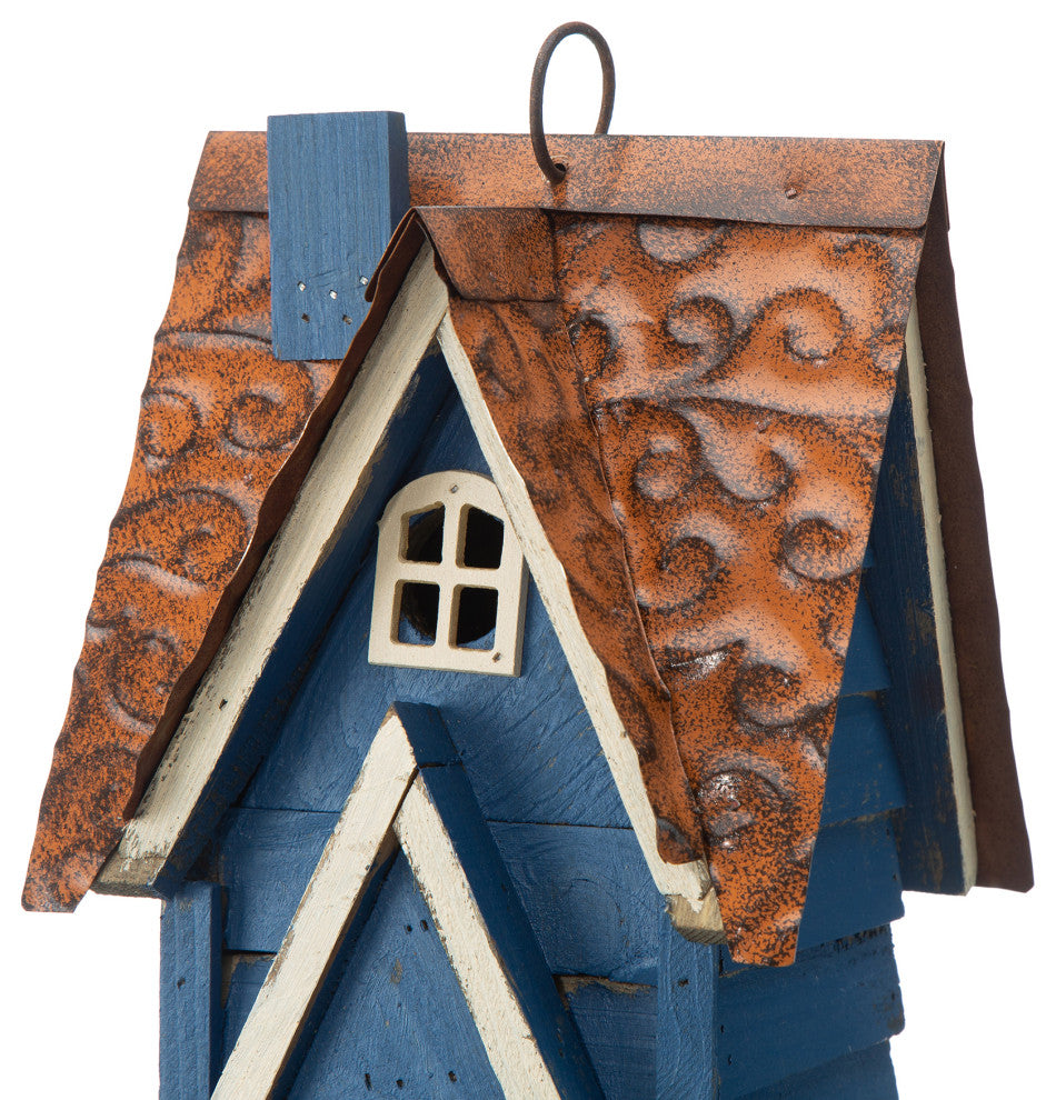 12"H Retro Blue Distressed Solid Wood Cottage Birdhouse