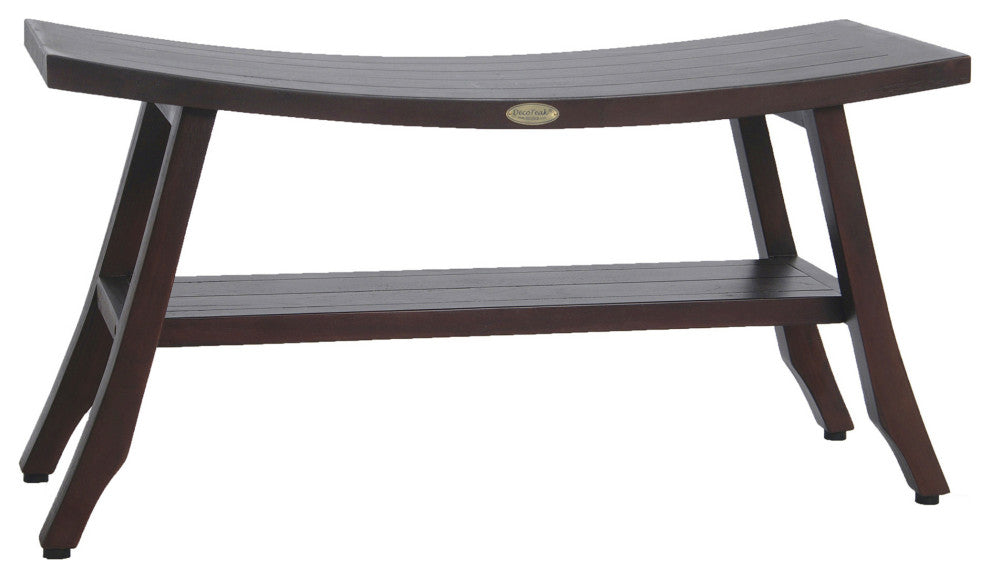 HomeRoots Contemporary Teak Shower Bench With Shelf, Brown Finish