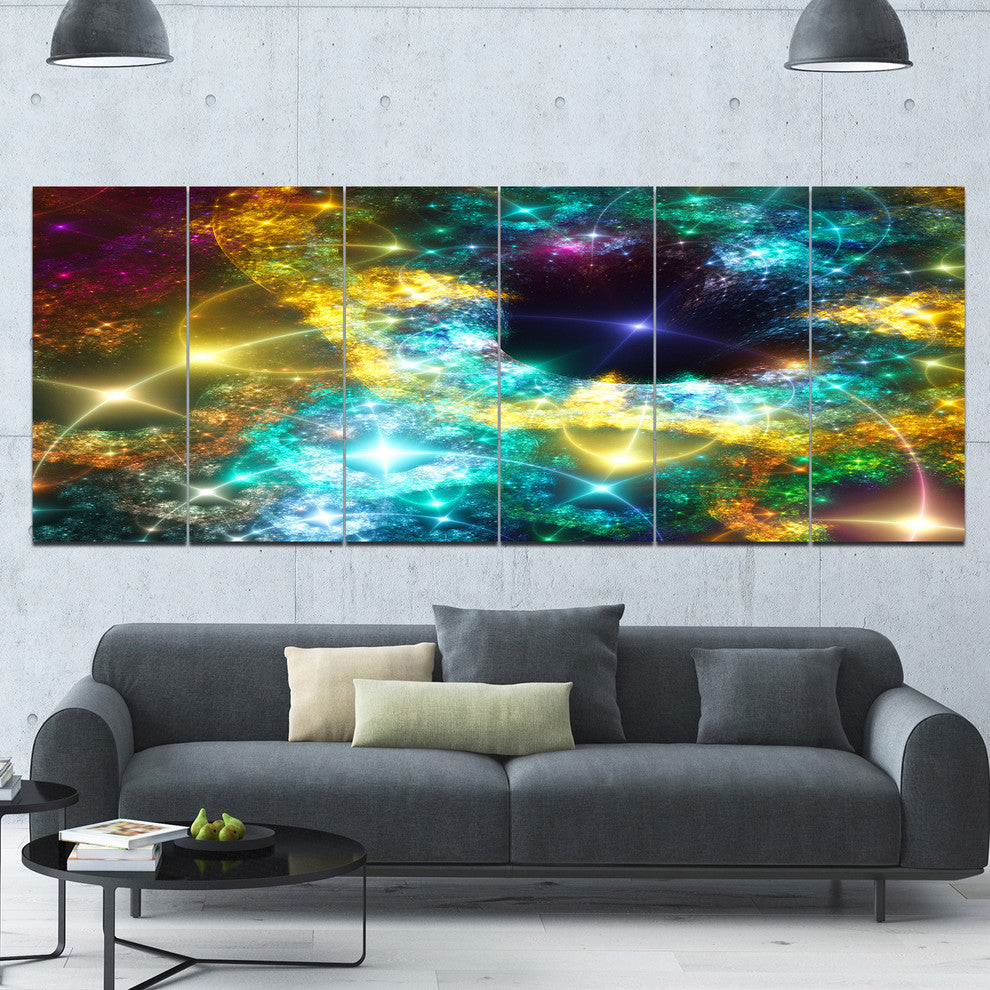 Golden Cosmic Black Hole, Abstract Art on Canvas, 70"x28", 6 Panels