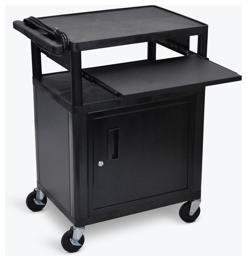 Luxor Endura Black 3-Shelf Presentation Cart With Cabinet and Pullout Shelf, 34"