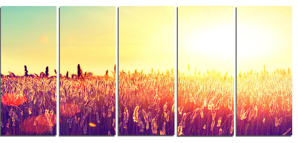 Rural Fields under Shining Sun, Large Landscape Canvas Art, 60"x28", 5 Panels