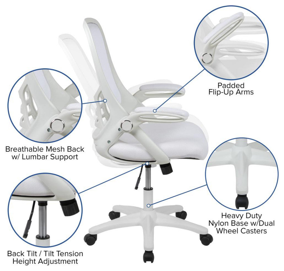 High Back Mesh Swivel Office Chair With Flip-up Arms, White