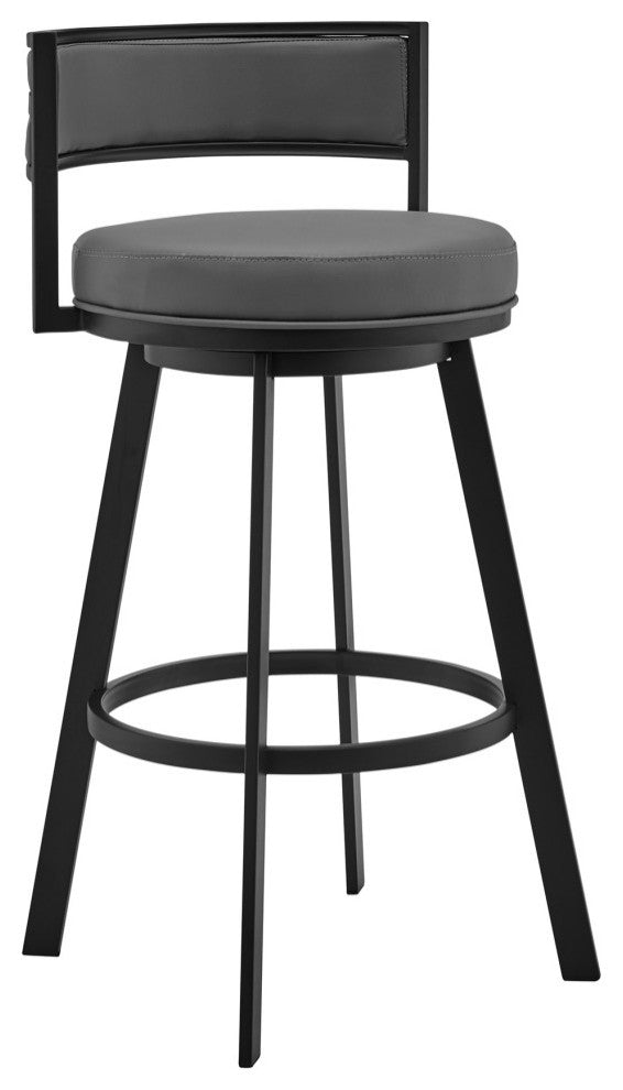 Roman 26" Gray Faux Leather and Black Metal Swivel Bar Stool