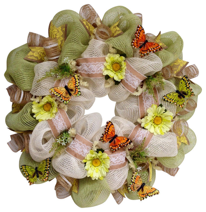 Butterflies Burlap and Lace Deco Mesh Wreath Handmade