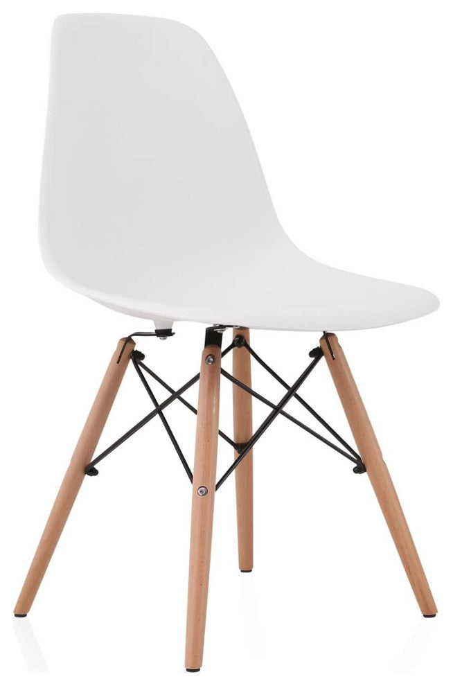 Molded Plastic Dining Side Chair with Beech Wood Eiffel Legs, White