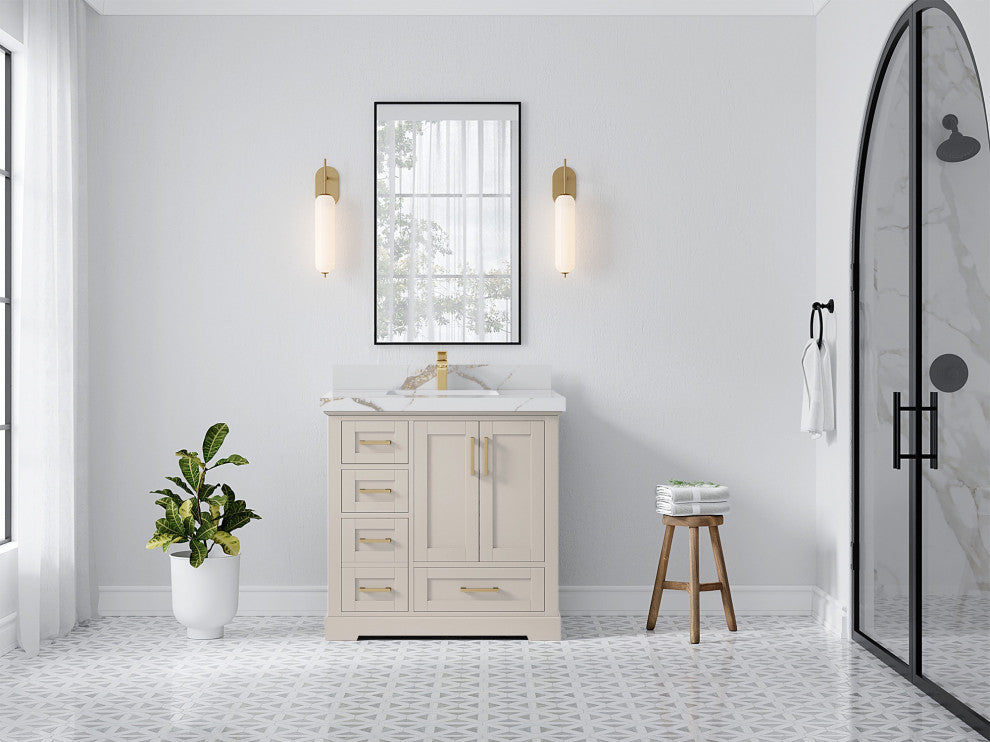 Boston 36" Center Sink Bath Vanity in Fine Grain 2" Calacatta Gold