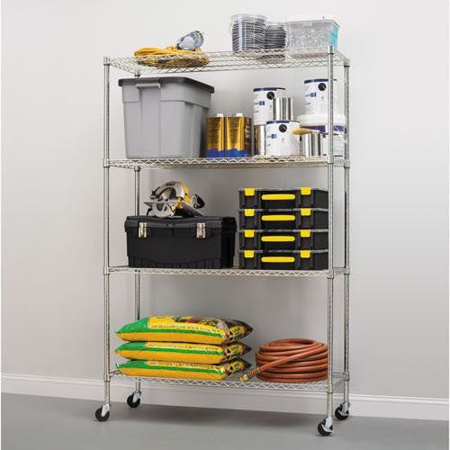 Complete Wire Shelving Unit With Caster, 4-Shelf, 48"x18"x72", Silver