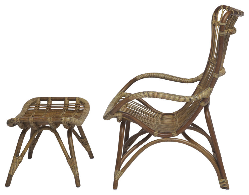 Monet Highback Rattan Lounge Chair and Footstool, Antique