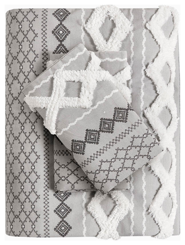 INK+IVY Imani Cotton Printed Duvet Cover Set With Chenille, Gray