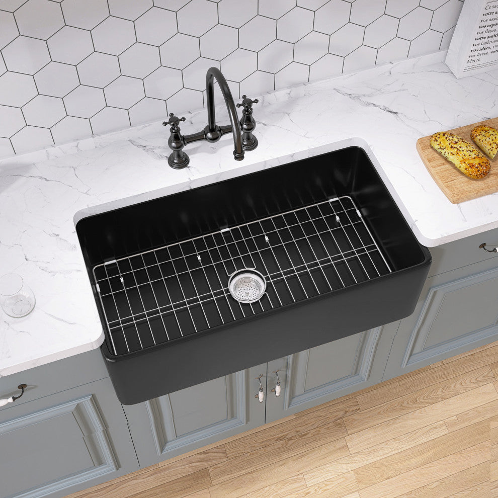 33 inch Black Single Farmhouse Kitchen Sink with Bottom Grid