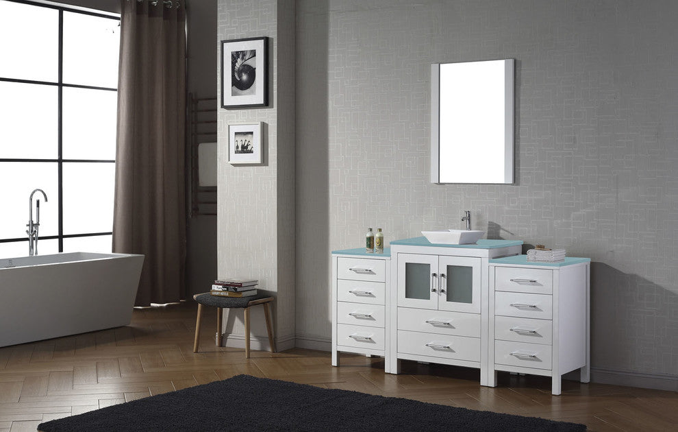 Virtu Dior 64" Single Bathroom Vanity, White, Brushed Nickel Faucet and Mirror