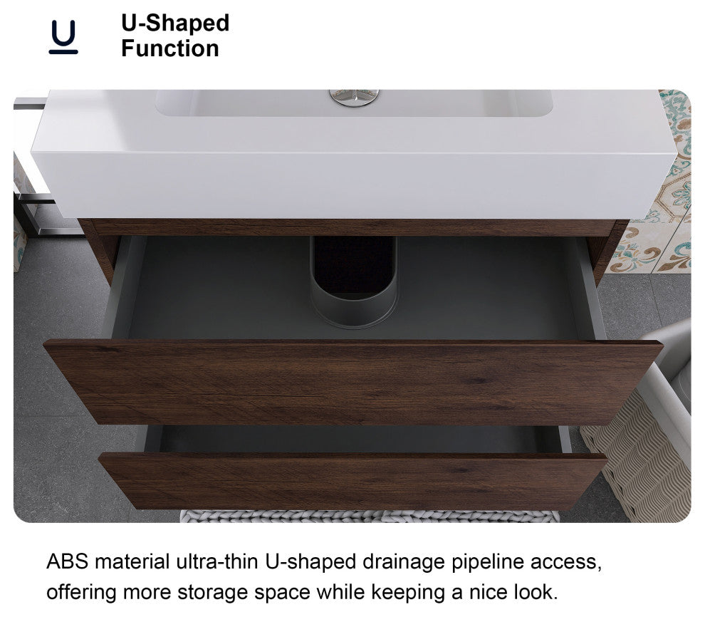 Wood Wall-Mounted Bathroom Vanity Set with Integrated Resin Sink, Walnut, 30"