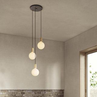 Small Canopy Black, Brass Grip With 3 Oak Pendants & 3 Sphere IV