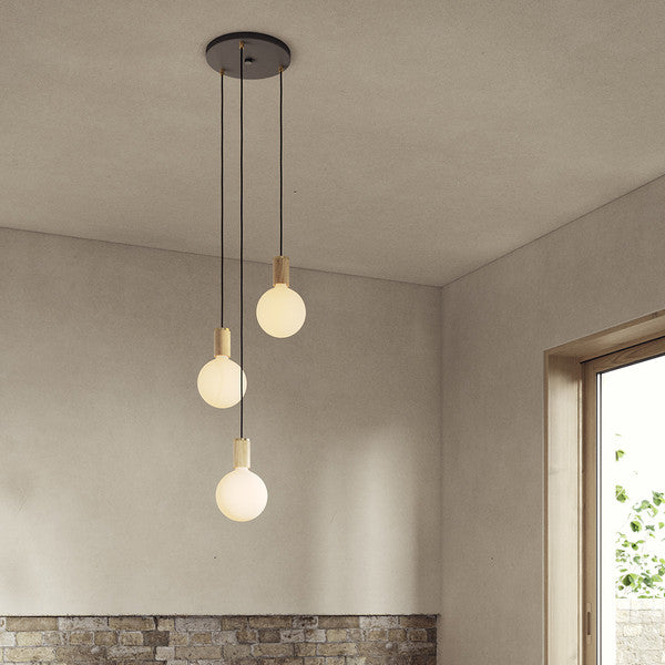 Small Canopy Black, Brass Grip With 3 Oak Pendants & 3 Sphere IV