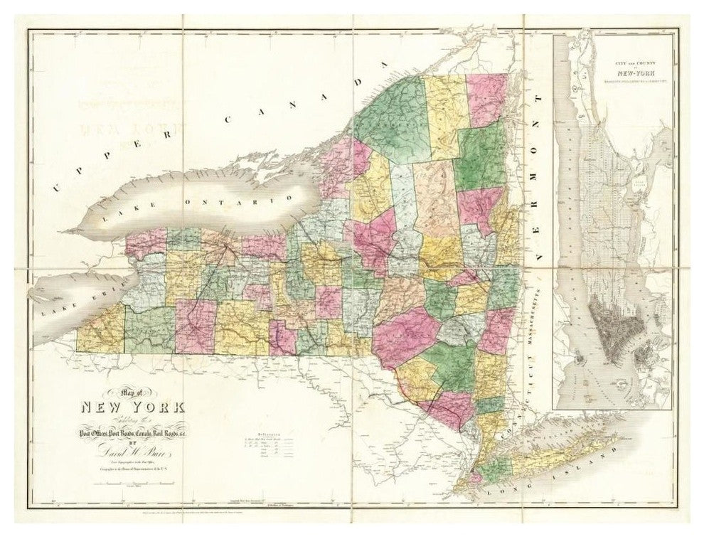 "Map of New York, 1839" Digital Paper Print by David H. Burr, 42"x32"