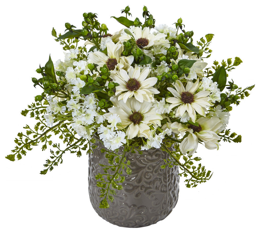 Daisy Bush, Gray Decorative Vase, White