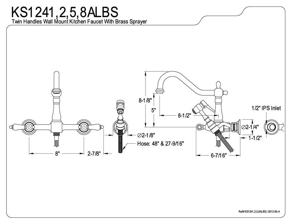 8" Center Wall Mount Kitchen Faucet With Wall Mounted Side Sprayer KS1241ALBS