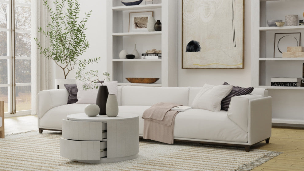 Christa 2-Drawer 30" Round Coffee Table, Whitewash